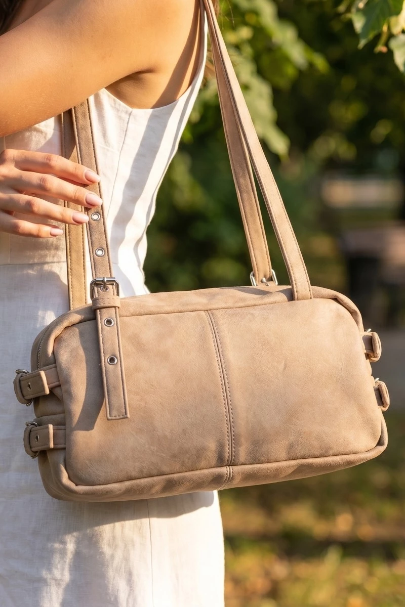 Multi Grommet Belt Strap Rustic Rectangular Hand Bag