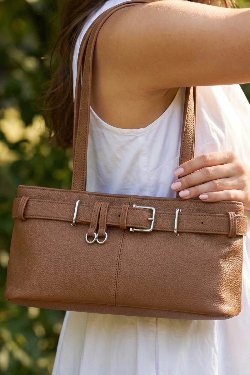 Belt Strap Textured Faux Leather Hand Bag