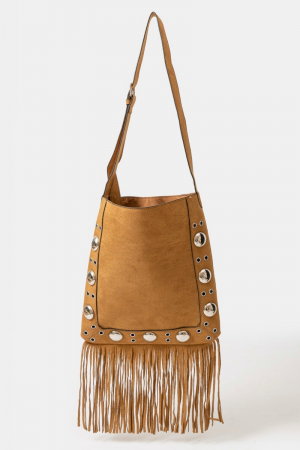 Suede Grommet Accent Fringe Tote Bag