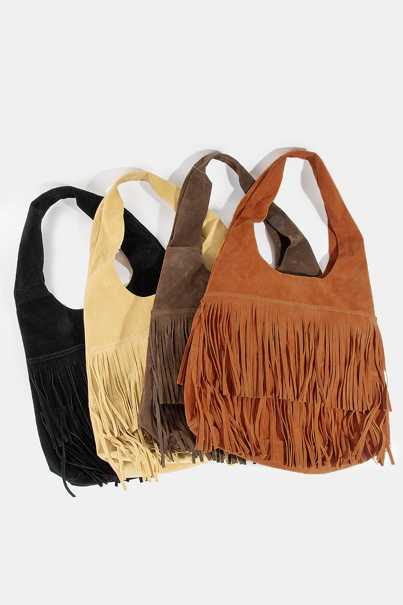 Layered Fringe Detail Suede Hobo Bag