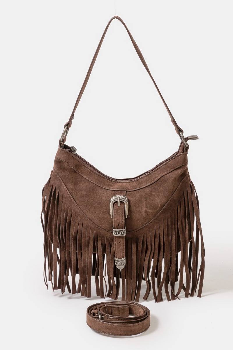 Faux Suede Cascade Fringe Shoulder Bag