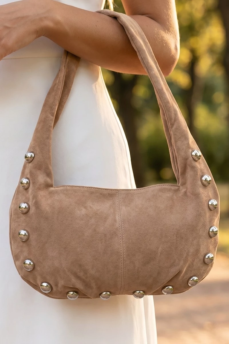 Metallic Sphere Studded Soft Hobo Shoulder Bag