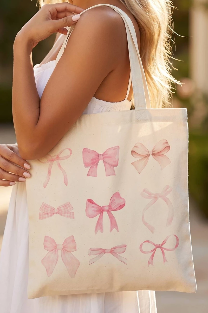 Bow Print Woven Shoulder Tote Bag
