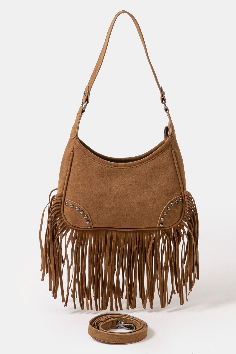Faux Suede Fringe Belt Decor Shoulder Bag
