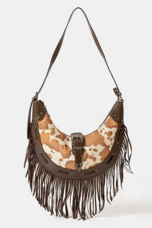 Cow Print Leather Fringe Hobo Bag