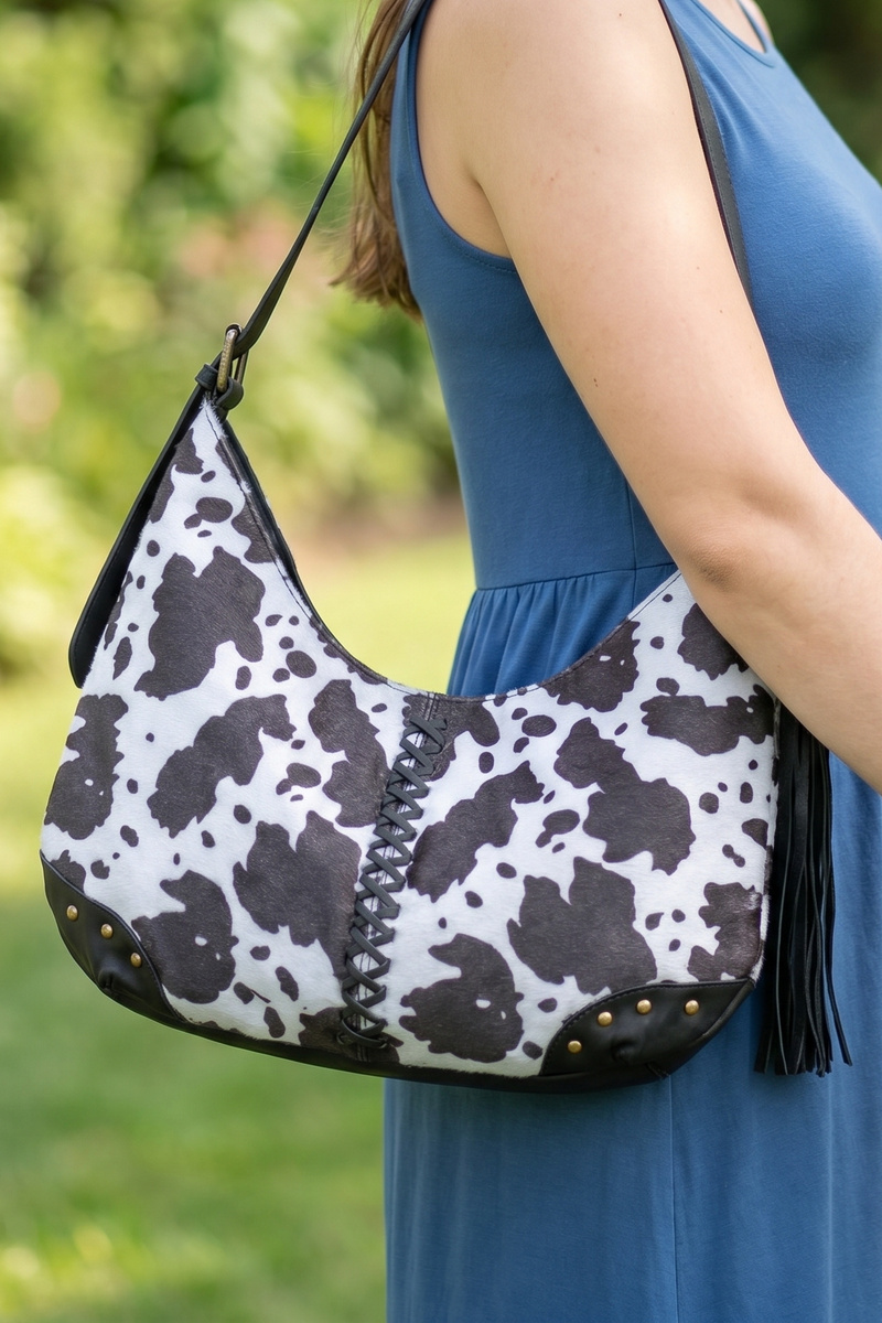 Cow Print Studded Fringe Shoulder Hobo Bag