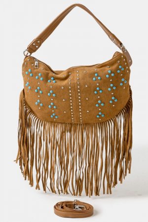 Studded Pattern Multi Fringe Hobo Shoulder Bag