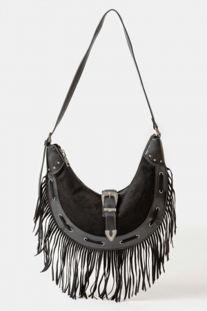 Leather Belt Decor Fringe Hobo Shoulder Bag