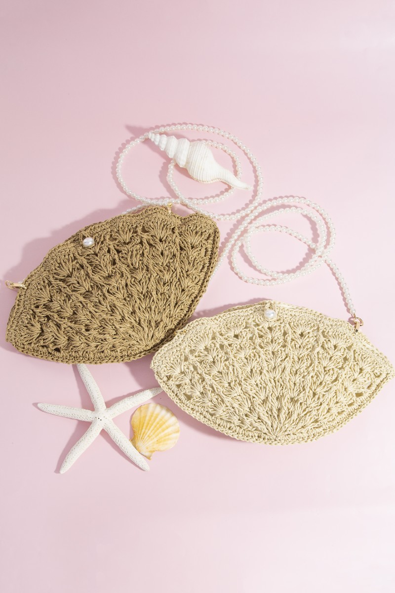 Straw Braided Pearl Beaded Strap Seashell Bag