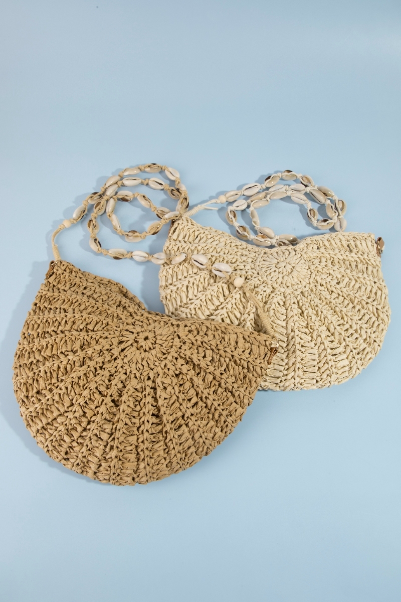 Cowrie Shell Strap Straw Braided Shoulder Bag