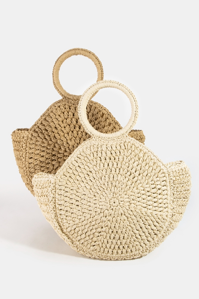 Circle Handle Circle Straw Braided Hand Bag