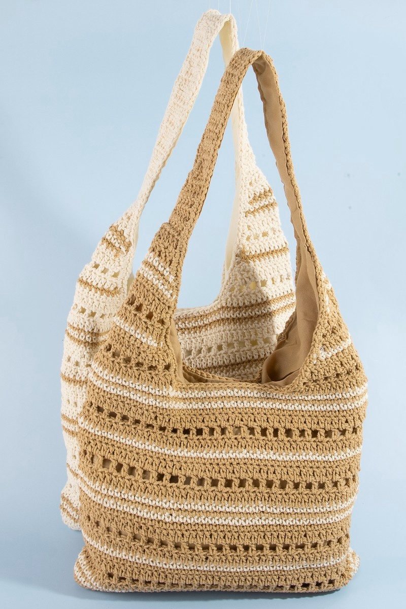 Two Tone Stripe Straw Tote Bag