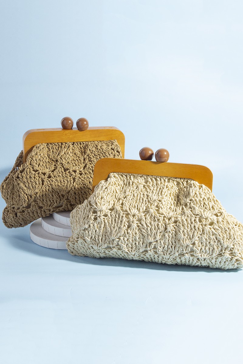 Straw Braided Wooden Frame Clutch Bag
