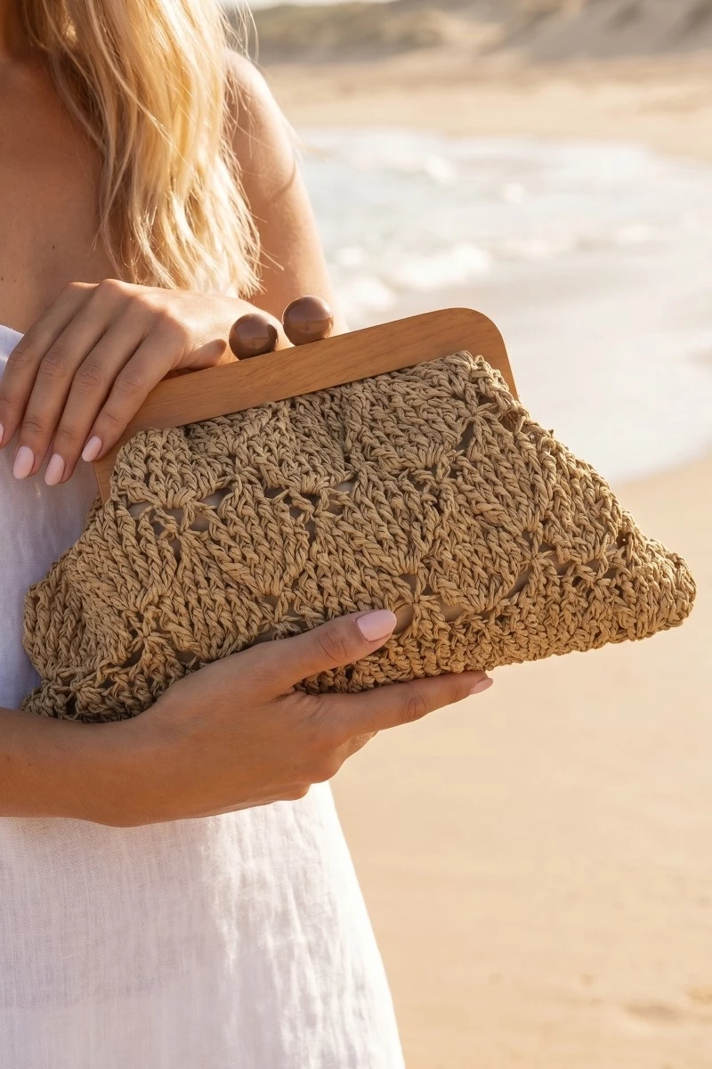 Straw Braided Wooden Frame Clutch Bag