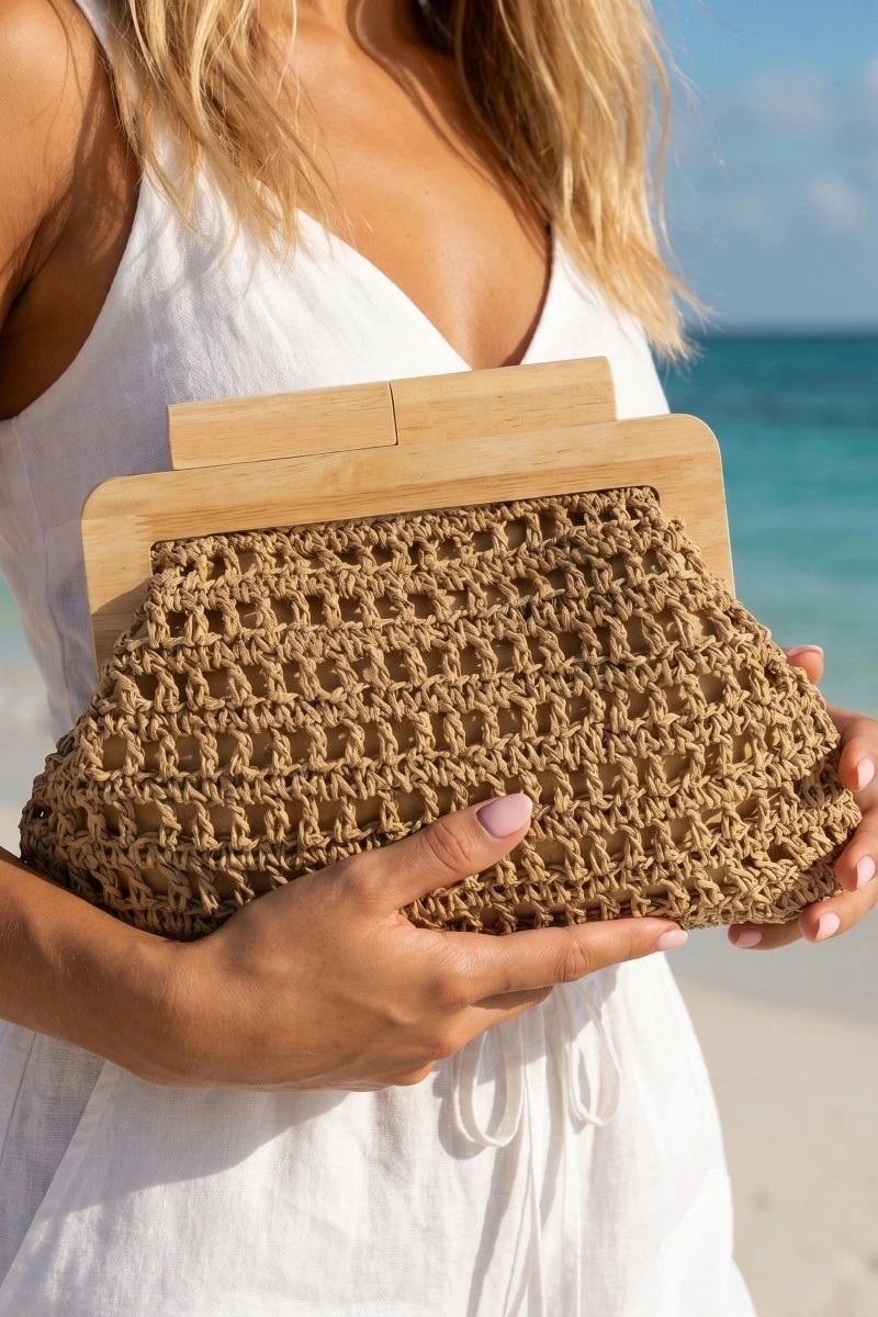 Straw Braided Wooden Top Frame Clutch Bag