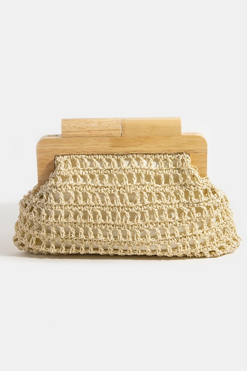 Straw Braided Wooden Top Frame Clutch Bag