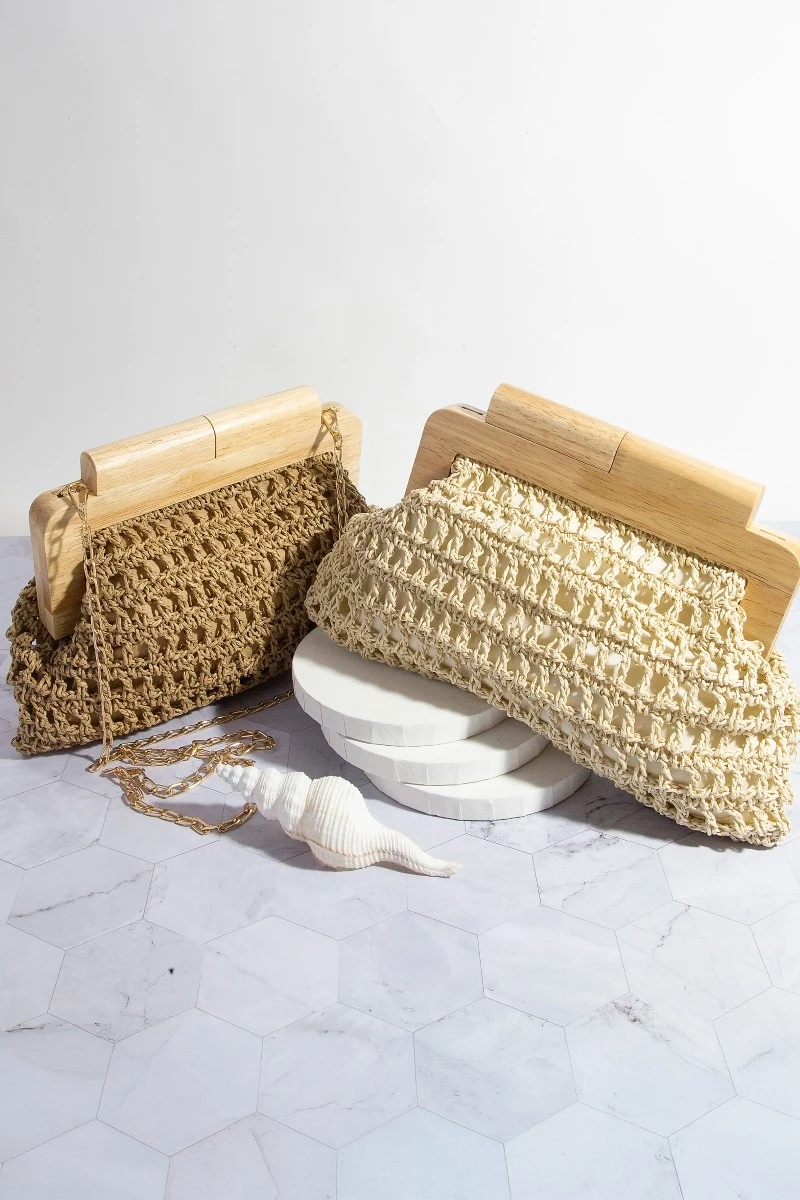 Straw Braided Wooden Top Frame Clutch Bag