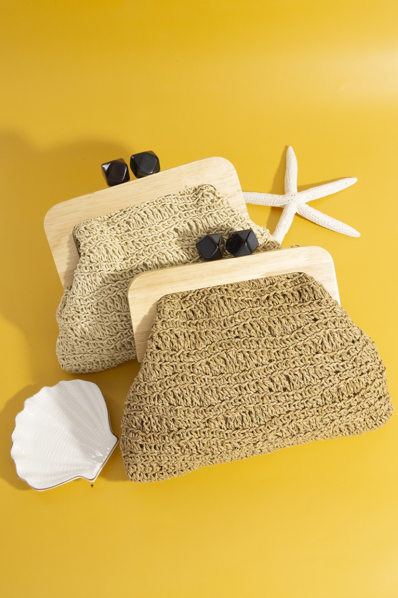 Geometric Clasp Wooden Frame Braided Clutch Bag