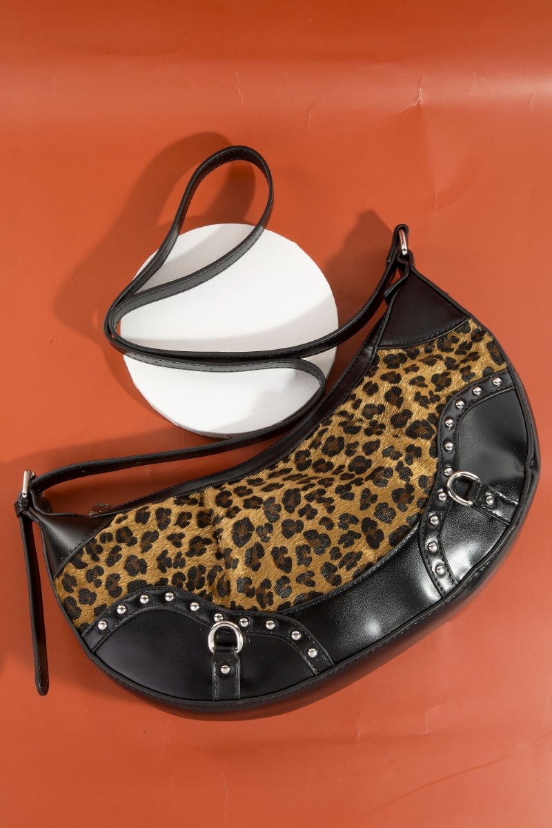 Dark Leopard Print Half Moon Shoulder Bag