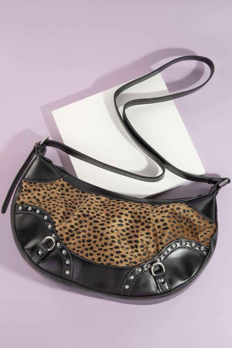 Dark Spotted Leopard Print Half Moon Shoulder Bag
