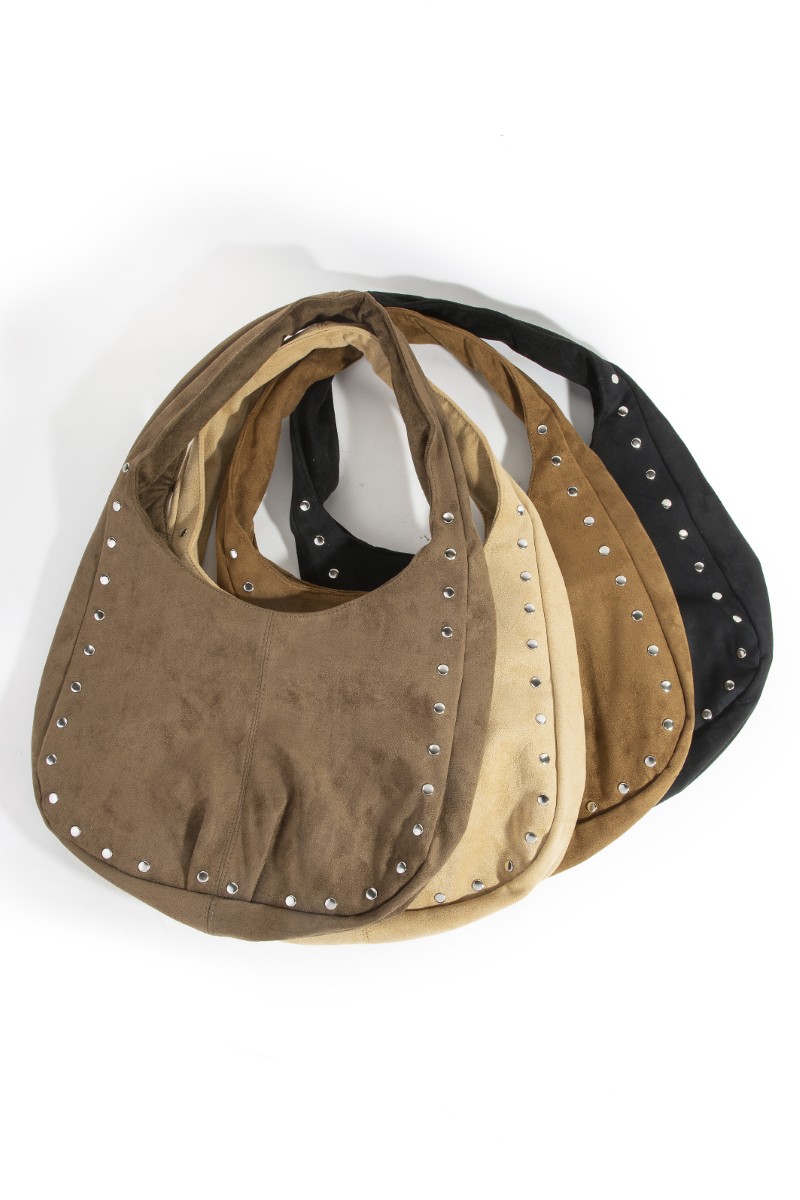 Suede Studded Trim Hobo Bag