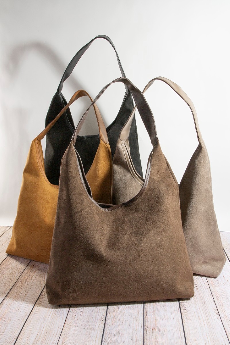Suede Faux Leather Trim Hobo Bag
