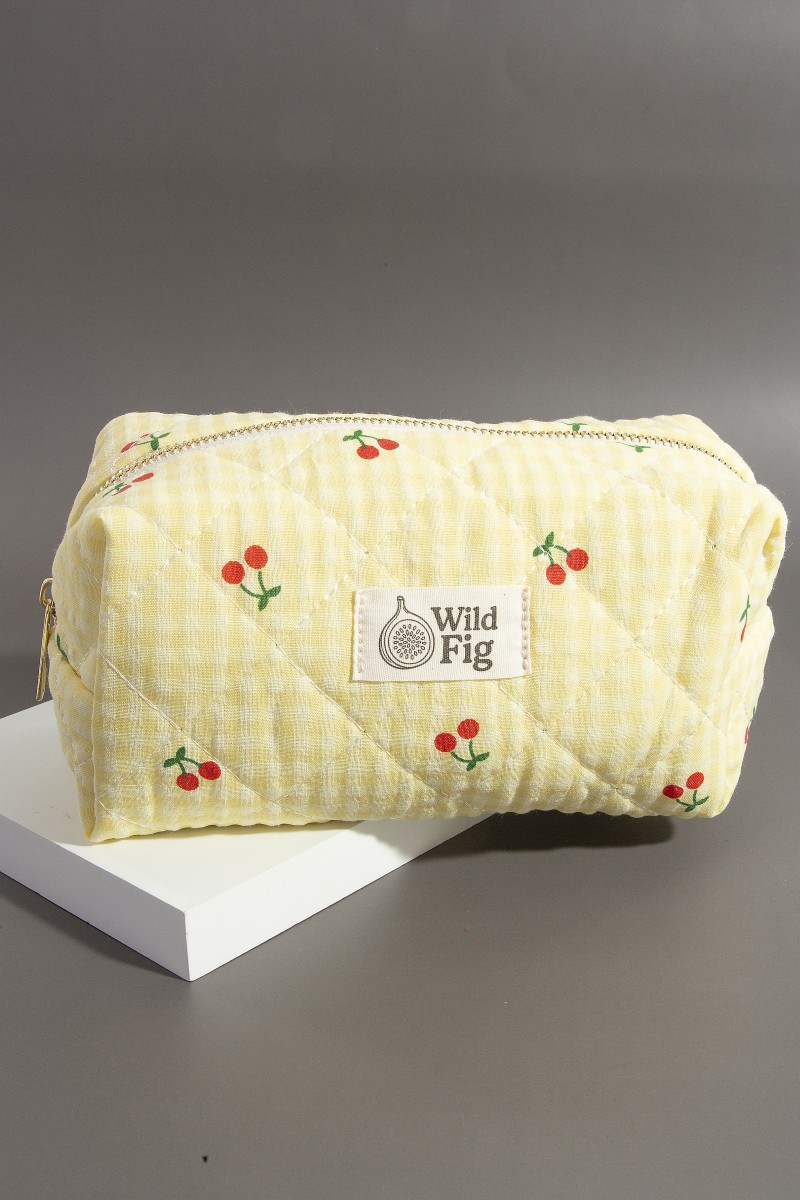 Cherry Fruit Print Yellow Cosmetic Bag