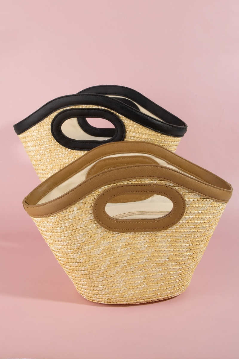 Leather Trim Straw Jute Bucket Bag