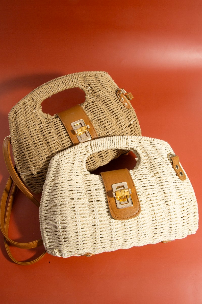 Leather Strap Accent Braided Hand Bag