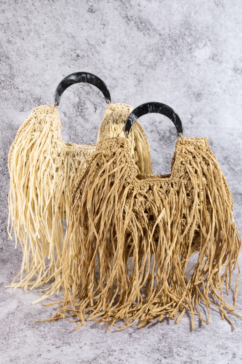 Marble Resin Handle Straw Weave And Fringe Shoulder Bag