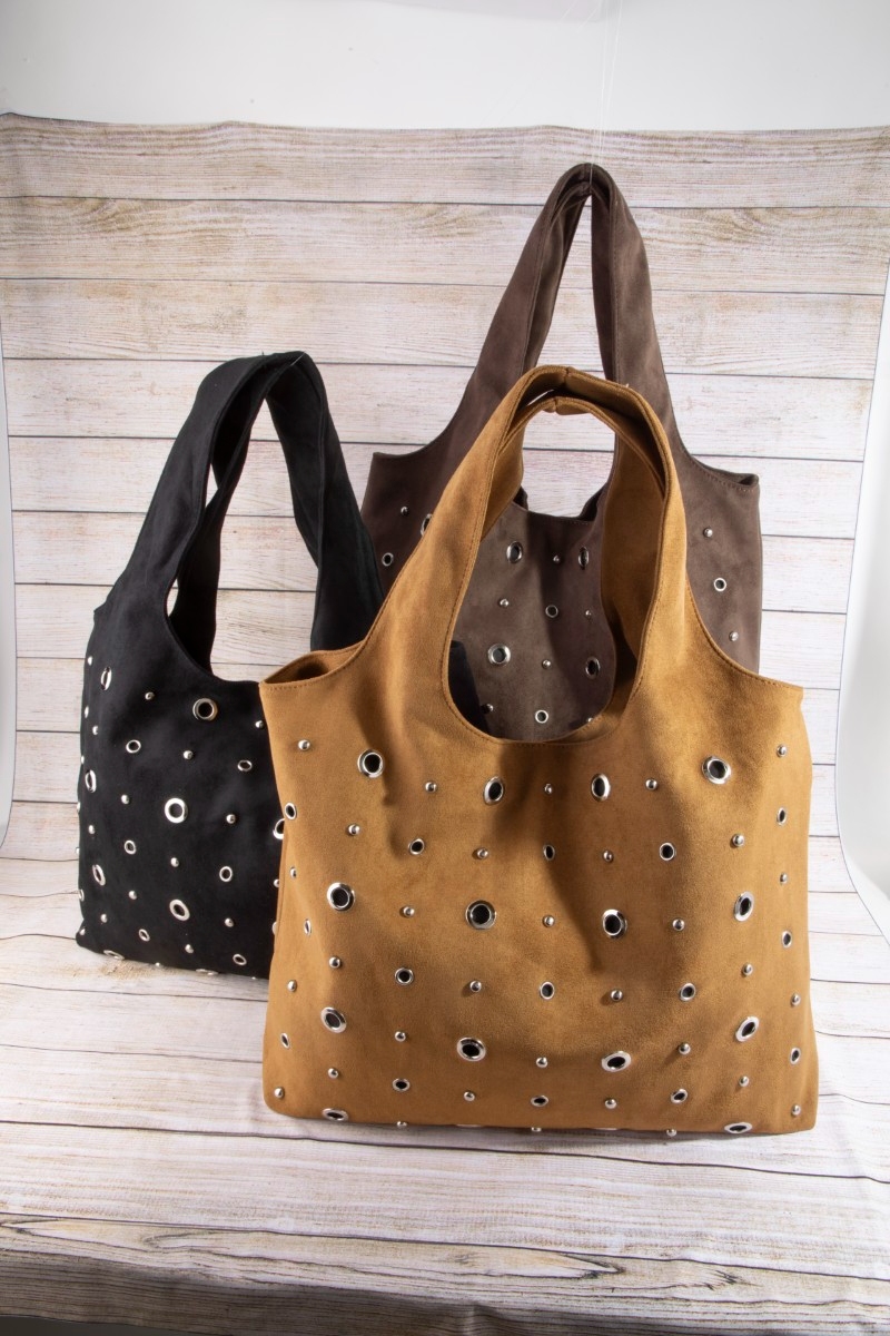 Large Grommeted Suede Shoulder Bag