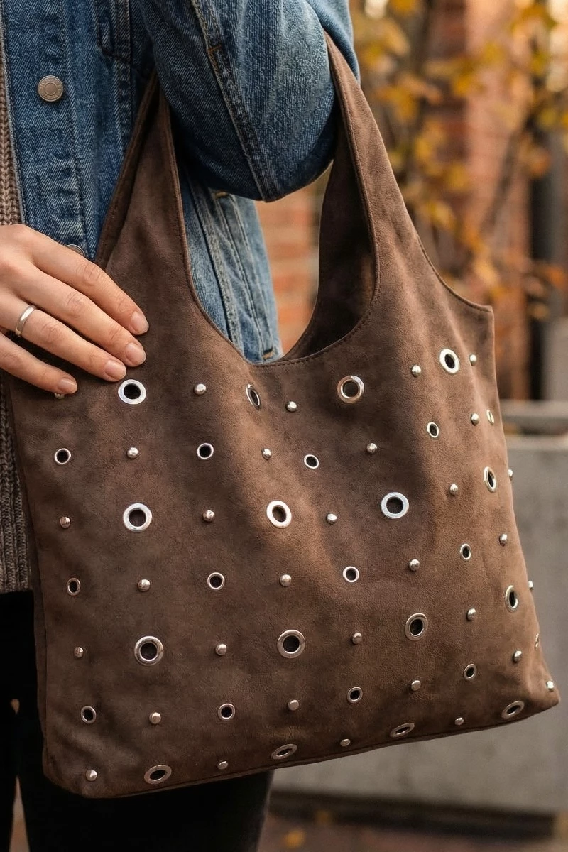Large Grommeted Suede Shoulder Bag