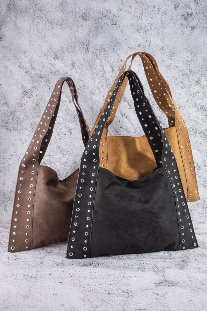 Grommet Strap Suede Shoulder Bag