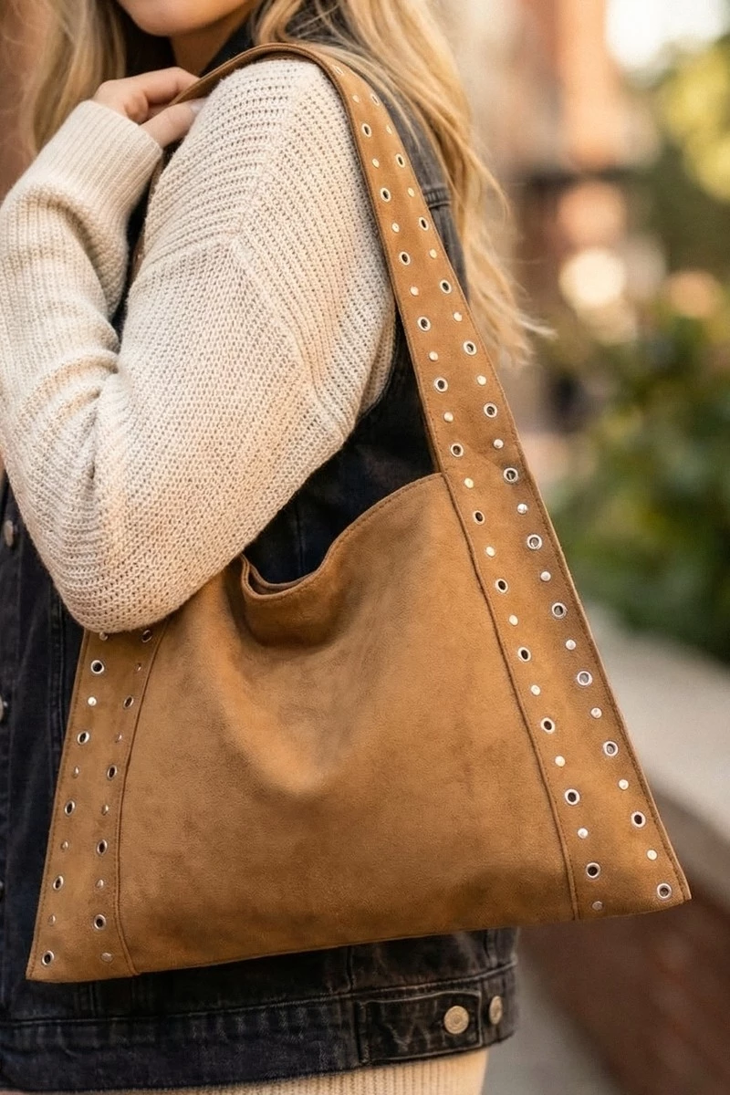 Grommet Strap Suede Shoulder Bag