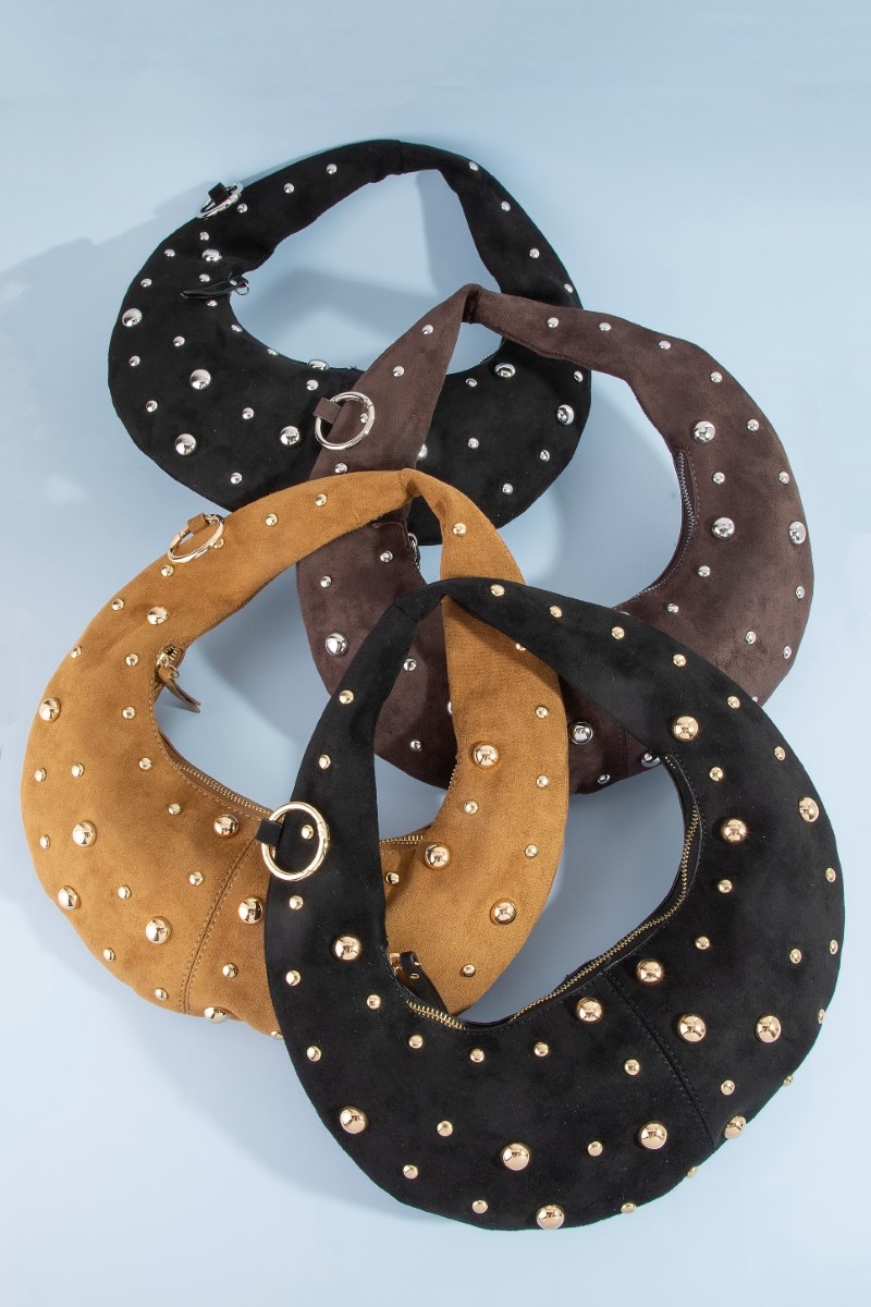 Dome Studded Chrome Crescent Hand Bag