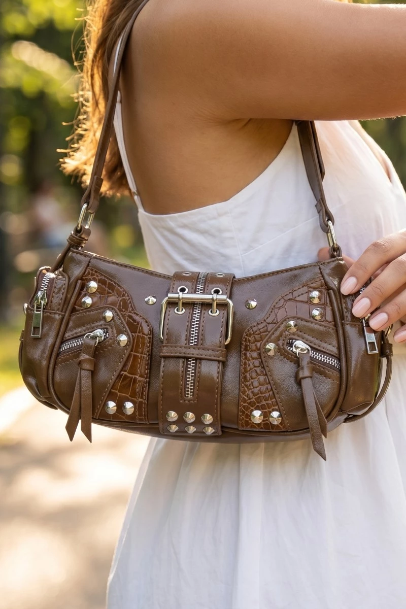 Rivet Detail Leather Shoulder Bag