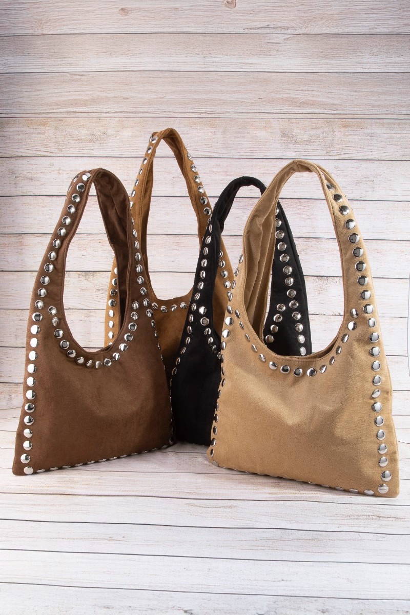 Grommet Border Studded Suede Shoulder Bag