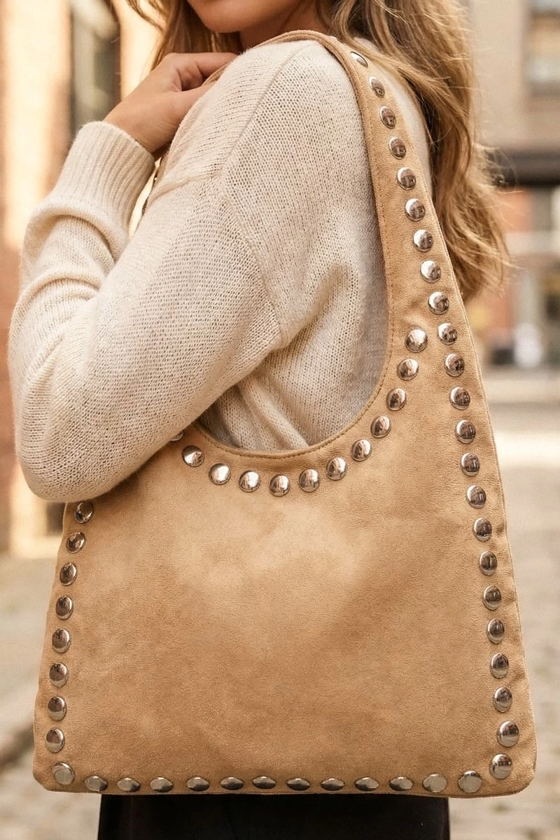 Grommet Border Studded Suede Shoulder Bag