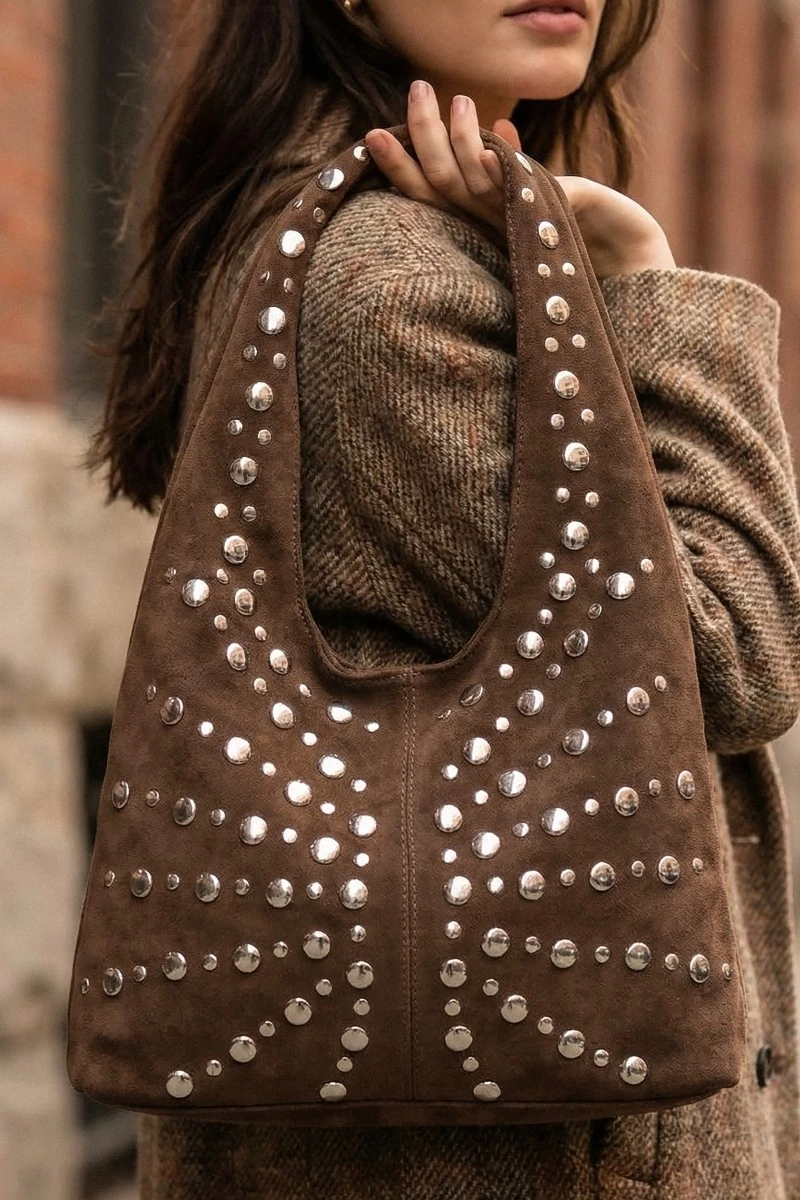 Grommet Studded Suede Shoulder Bag