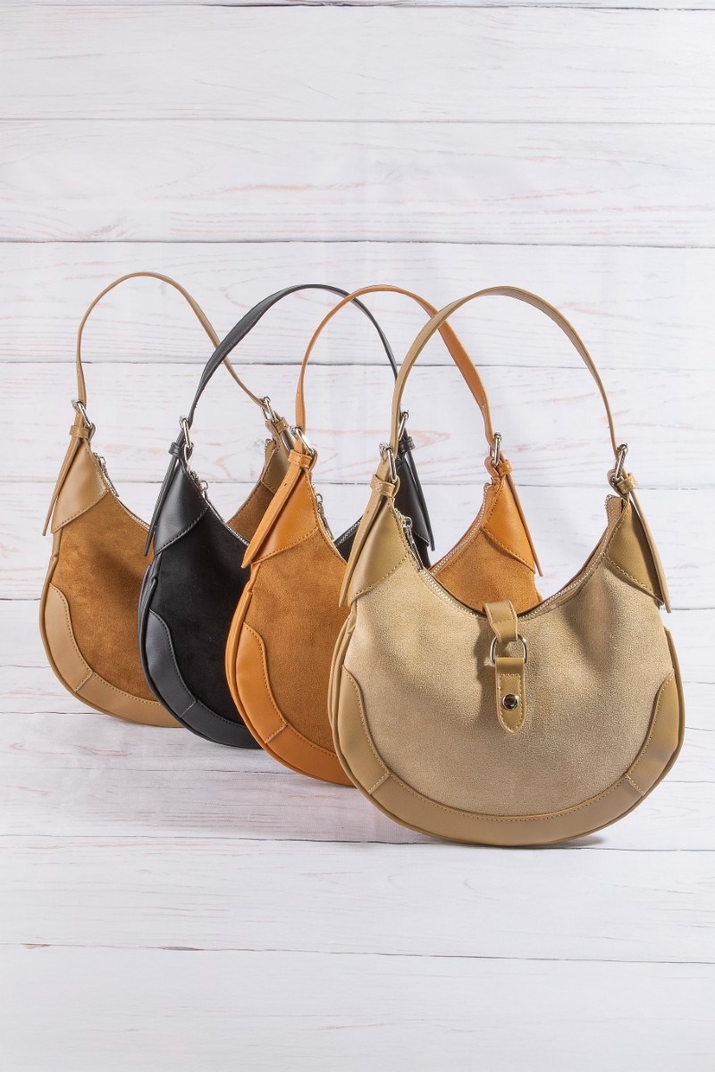 Leather Accent Suede Crescent Shoulder Bag