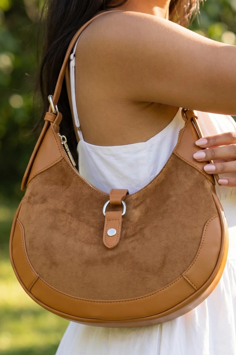 Leather Accent Suede Crescent Shoulder Bag