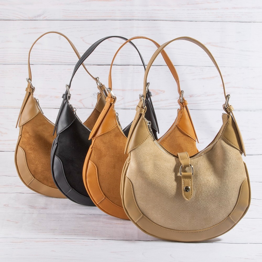 Leather Accent Suede Crescent Hand Bag