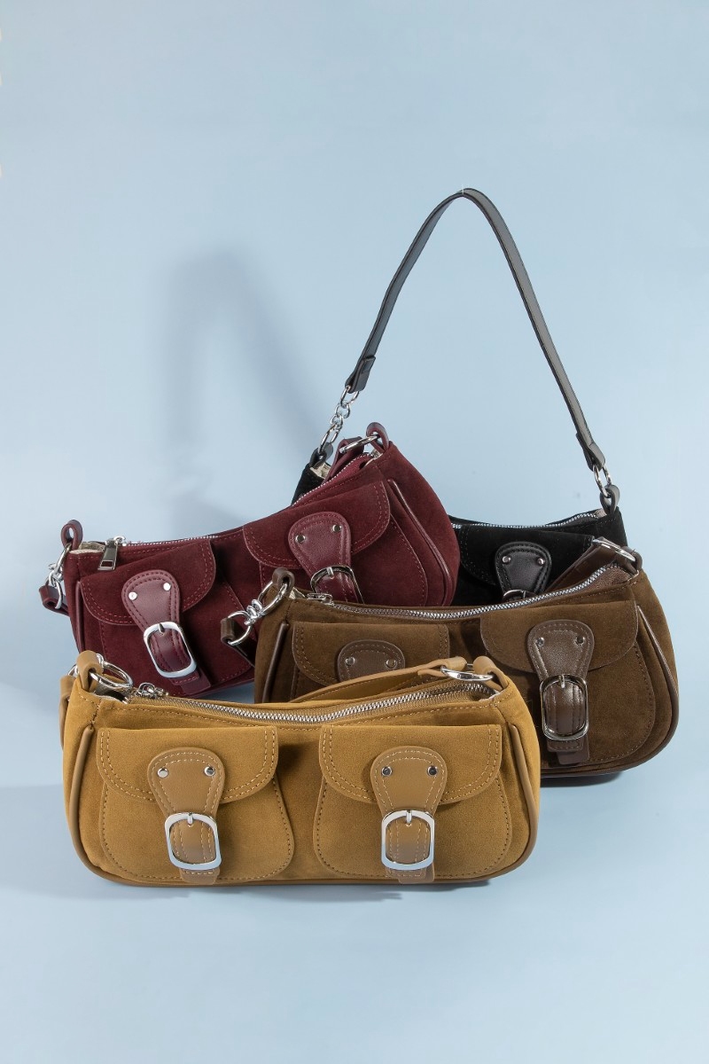 Suede Double Belted Front Pockets Hand Bag