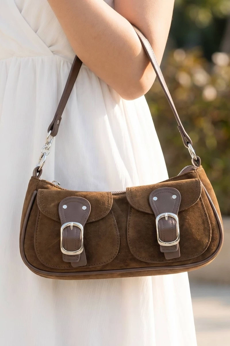Suede Double Belted Front Pockets Hand Bag