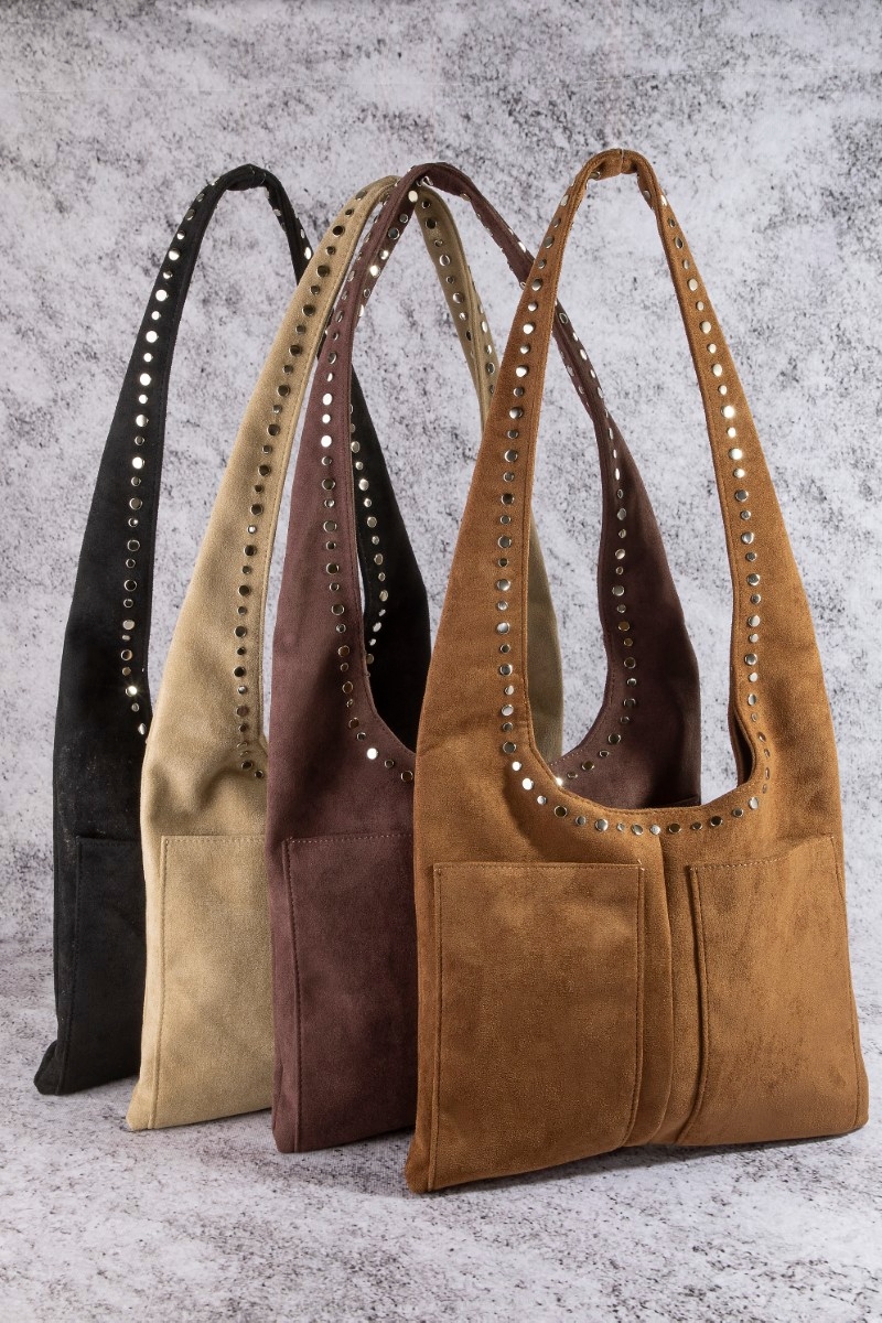 Suede Grommeted Shoulder Tote Bag