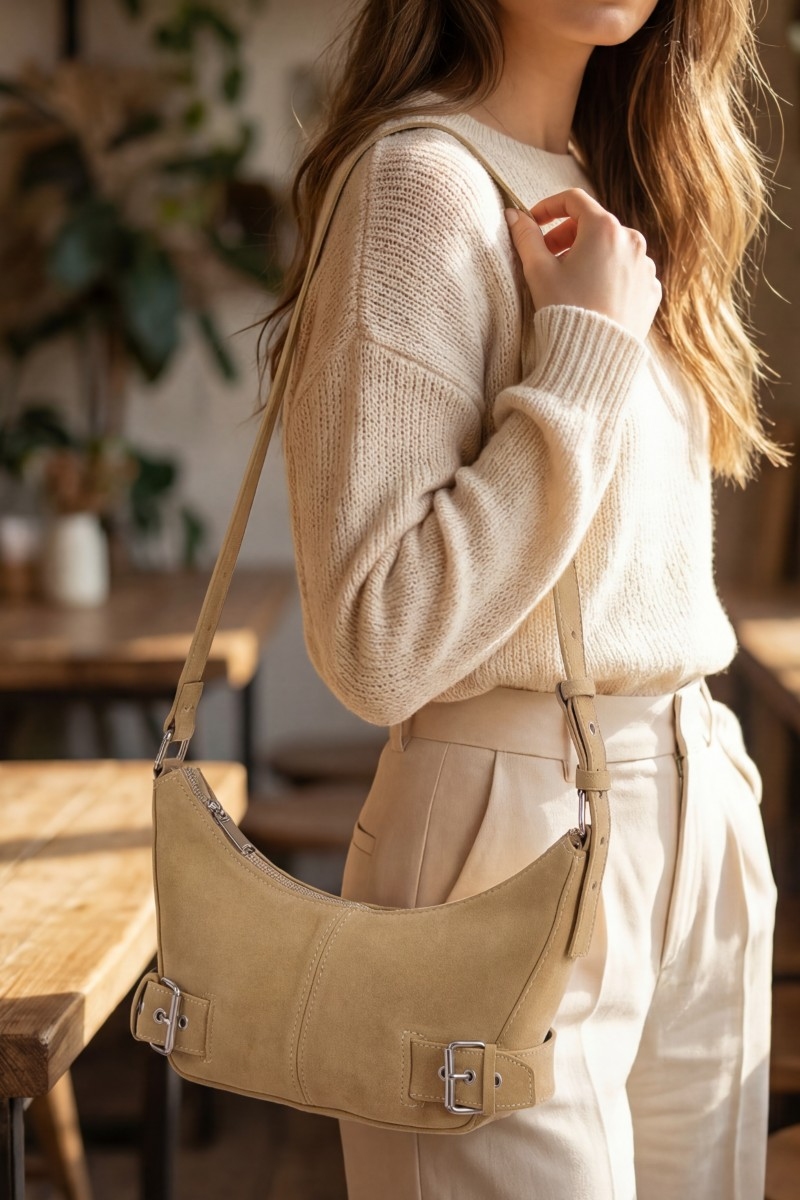 Suede Double Belt Buckle Shoulder Bag