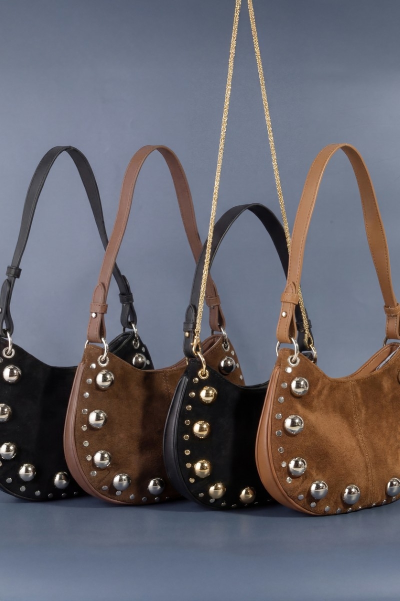 Ball Studded Trim Suede Hobo Shoulder Bags
