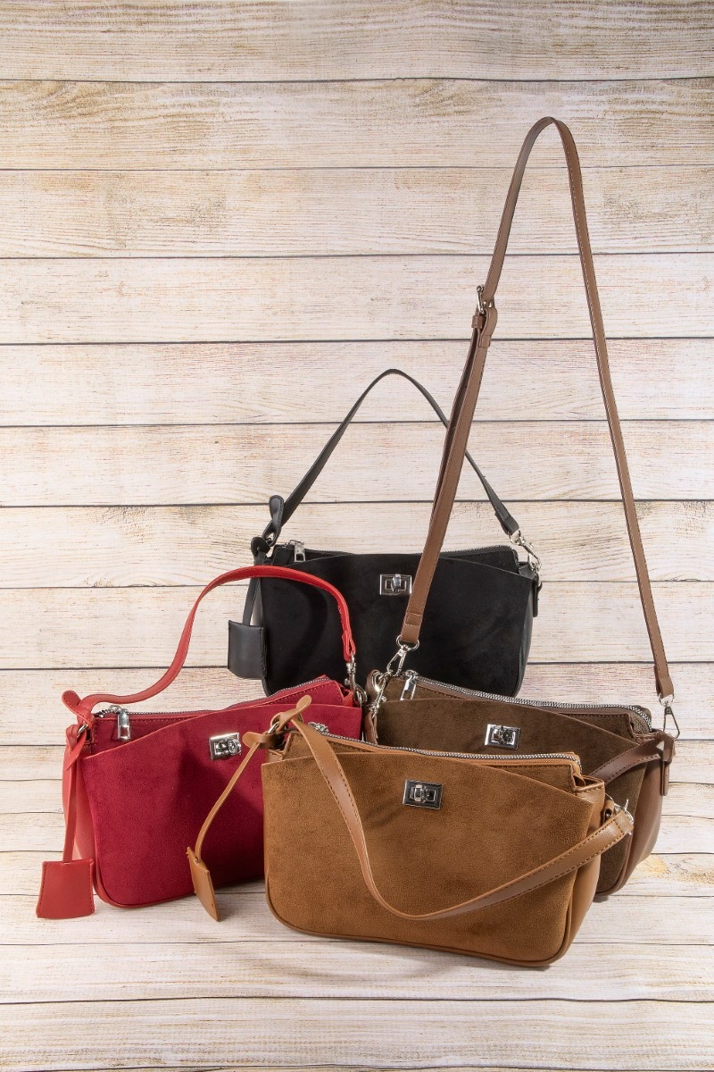 Pouch Style Turn Lock Detail Suede Shoulder Bag