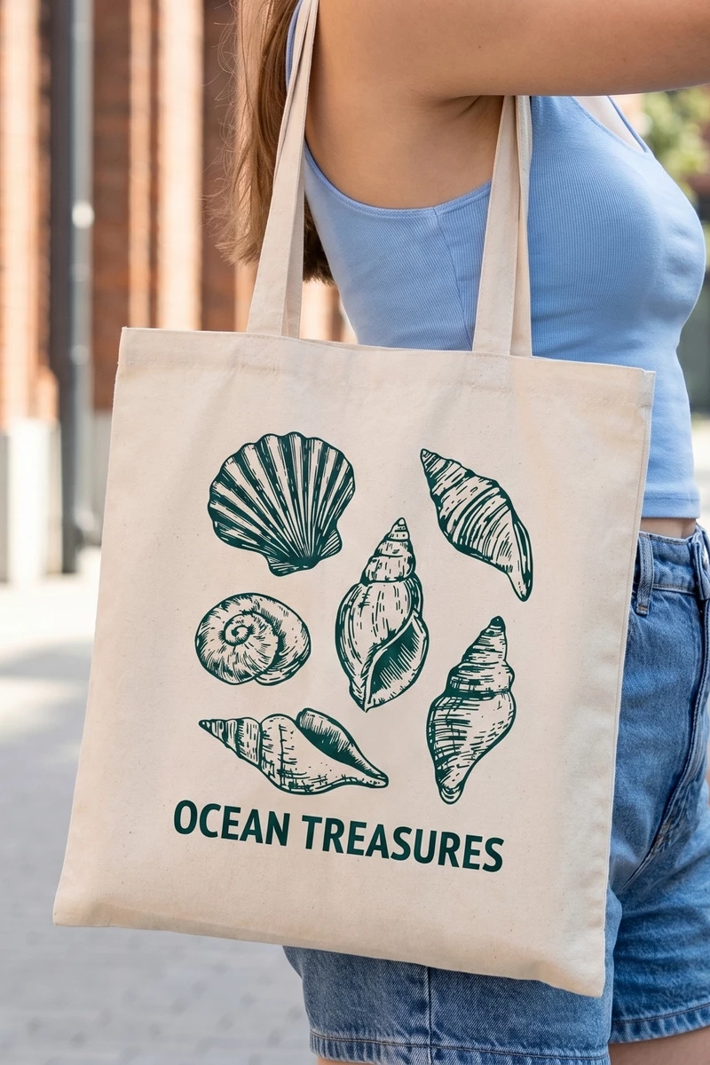 Seashell Print Canvas Graphic Tote