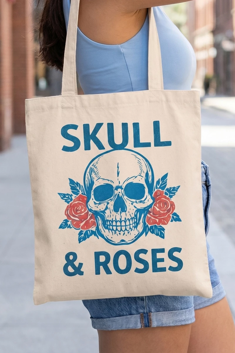 Skull And Roses Print Canvas Tote